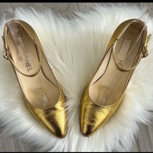 CHANEL gold leather heels pumps 36.5
